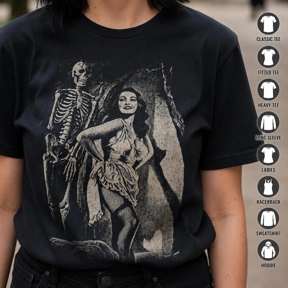 Horror T-Shirt Pin Up Babe Skeleton Shirt Gothic Graphic Tee Black